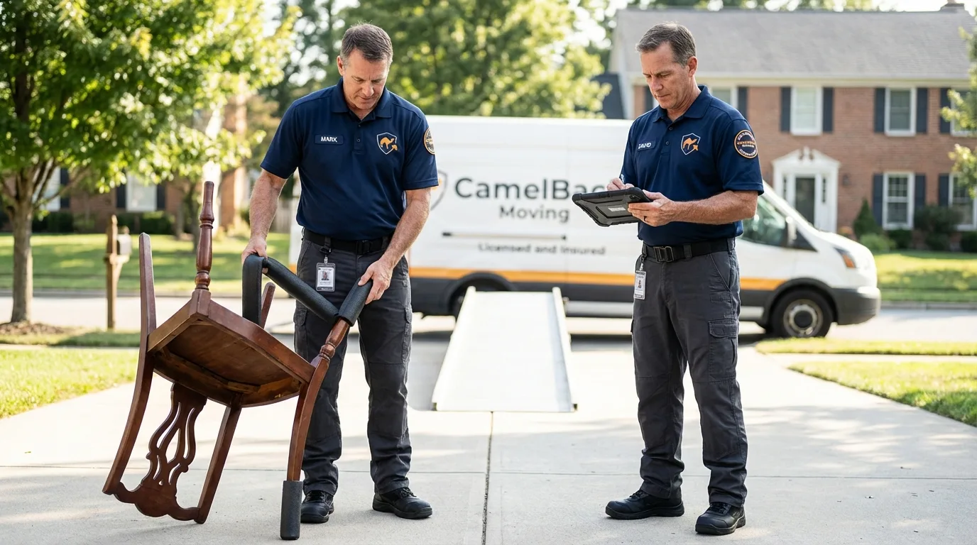 Movers inspecting furniture for damage prevention before loading in Boonsboro, MD