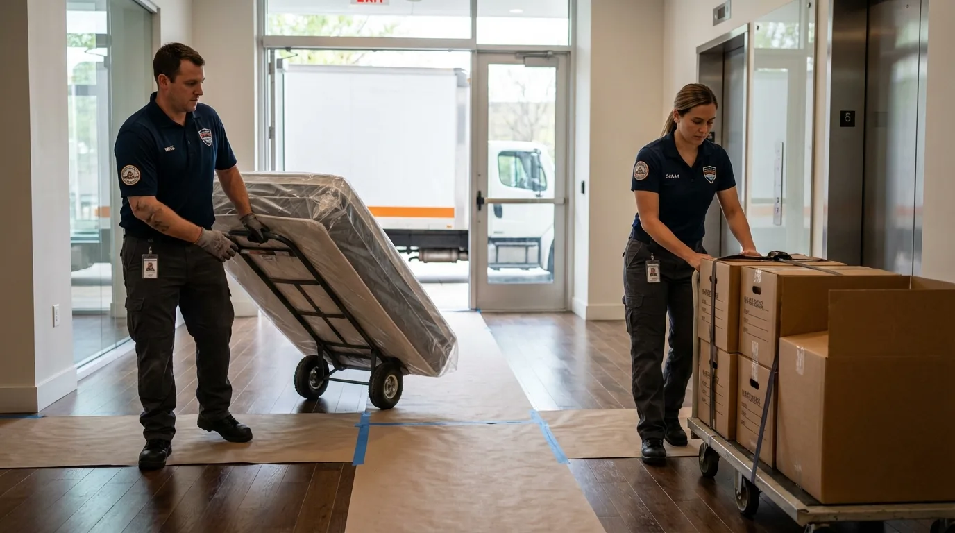 Professional apartment movers loading elevator in Boonsboro, MD